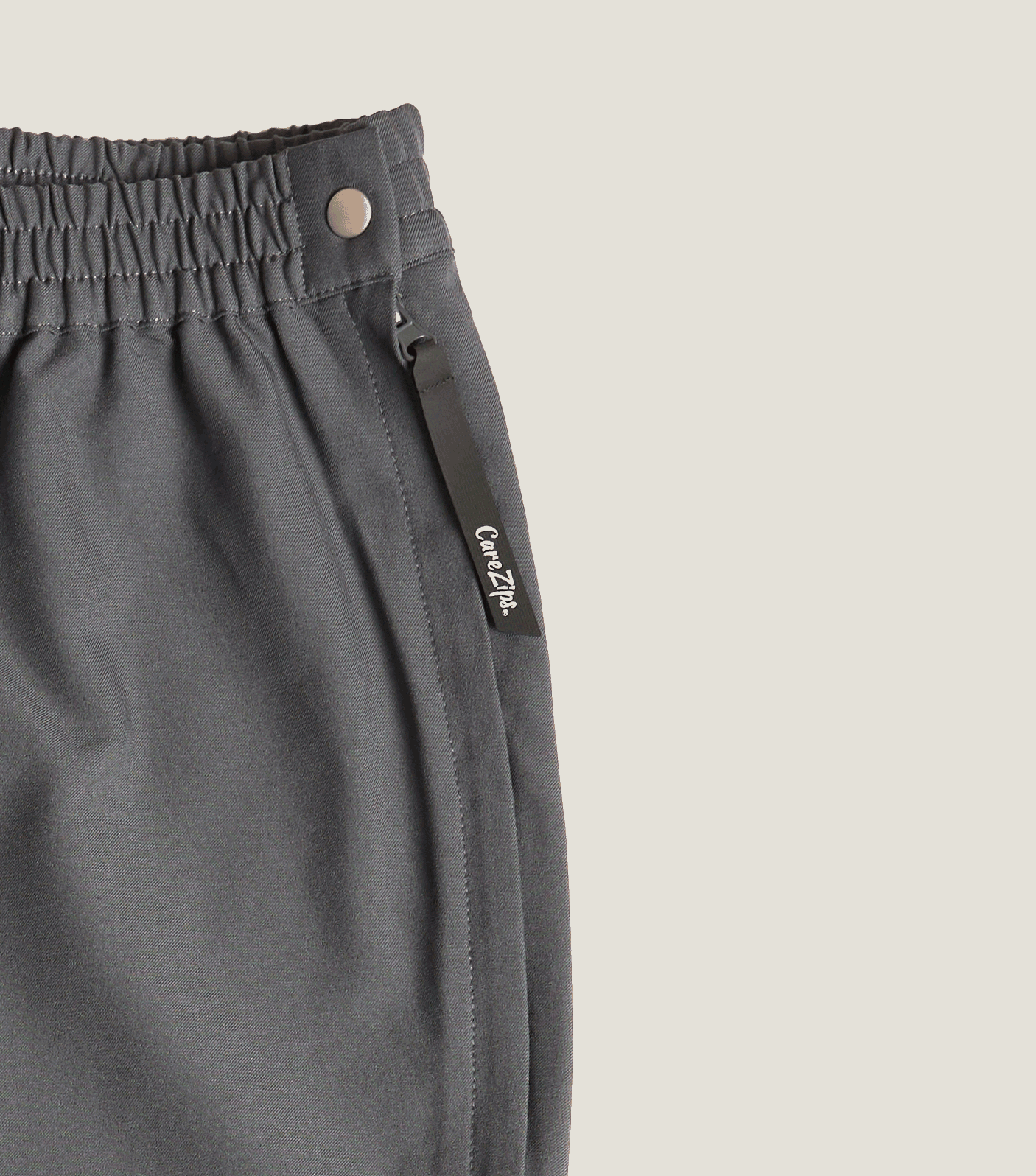 CareZips® Men's Adaptive Pants Joe & Bella in Grey | Extra Long Zipper Pull and Snap