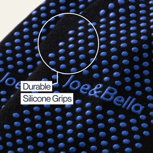 Black socks with blue patterns and 'Joe Bats' branding on a neutral background #Black