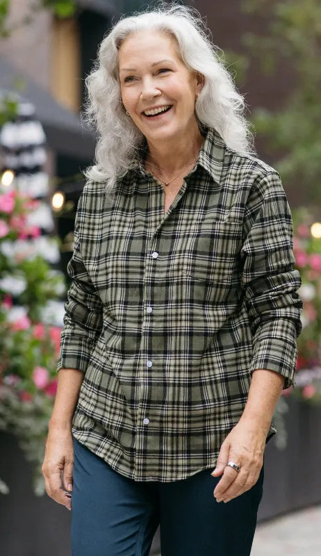 woman wearing Joe & Bella's flannel shirt with magnetic buttons