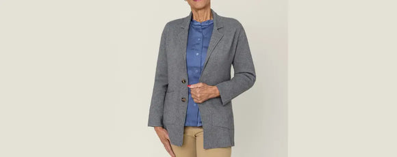 image of woman wearing a grey cardigan for older ladies