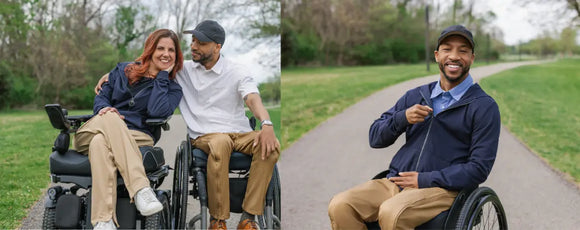 man and women in wheelchair showing off wheelchair adaptive clothing