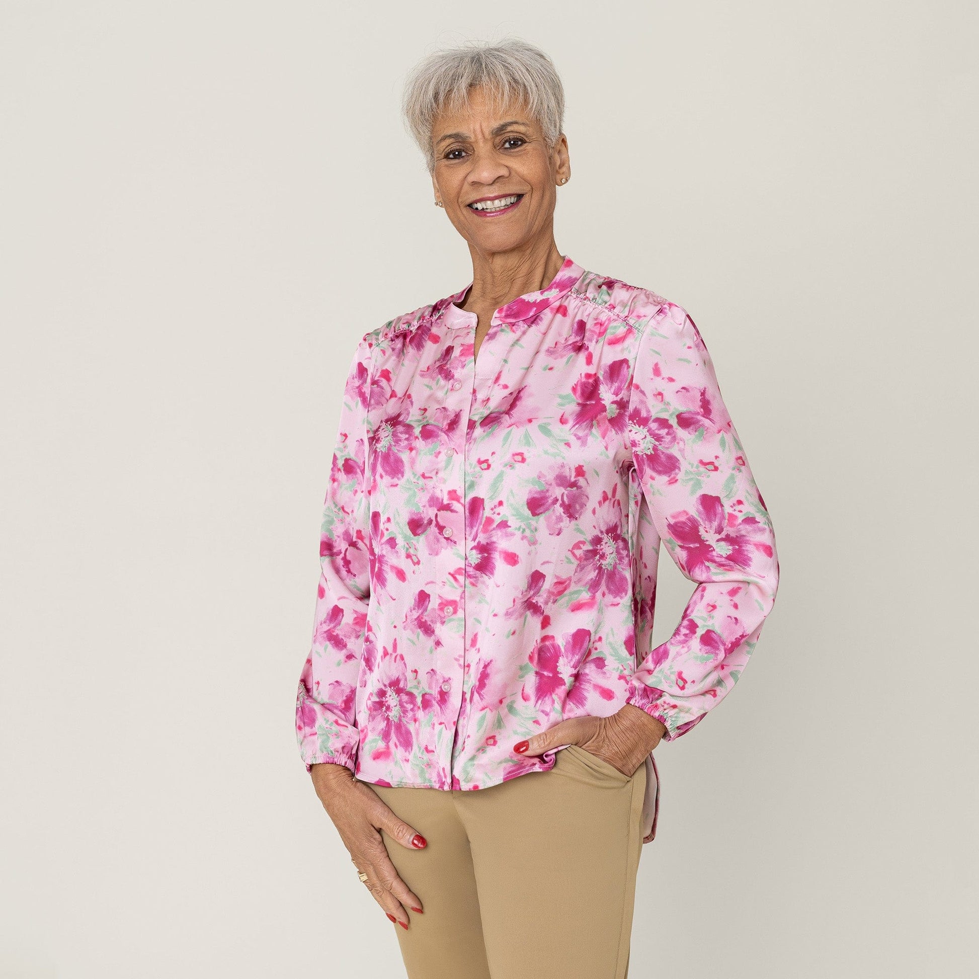 ["Joe & Bella Pink Floral / XS Everyday Magnetic Button Blouse for Women ", "Pink Floral"]