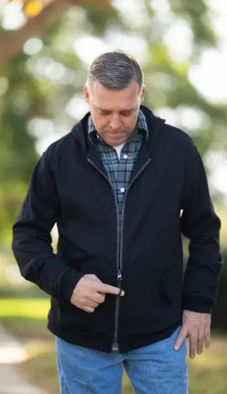 man wearing a zip-up hoodie from Joe & Bella