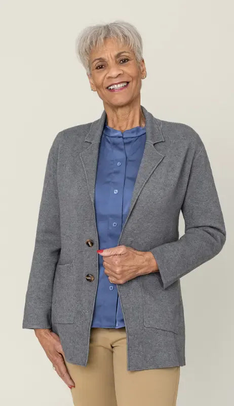 woman wearing grey cardigan for older ladies