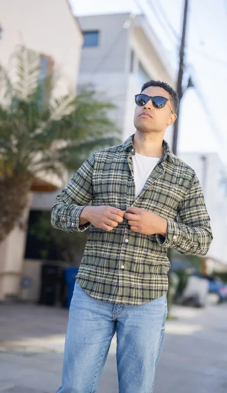 man wearing sunglasses and a joe & bella adaptive shirt