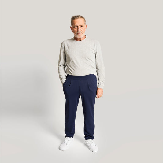 Everyday Freedom Pant for Men by Joe & Bella in Khaki |  Men's Adaptive Pants with Stretch Waistband Full Body View#Navy