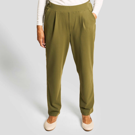 Everyday Adaptive Freedom Pant for Women by Joe & Bella in Olive | Front View Waist Down of Women's Adaptive Pants in Olive with Pleats, Side Zippers and Snaps. #Olive