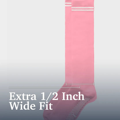 A single pink wide-fit sock shown vertically on a light gray gradient background with text reading 'Extra 1/2 Inch Wide Fit' and measurement lines indicating the width. Joe & Bella Big-Grip No-Slip Compression Socks: 3-Pack #Pink