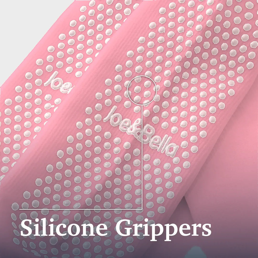 Pink fabric with rows of small white silicone grippers, shown diagonally with text reading 'Silicone Grippers' and a faint 'Joe&Bella' watermark. Joe & Bella Big-Grip No-Slip Compression Socks: 3-Pack #Pink