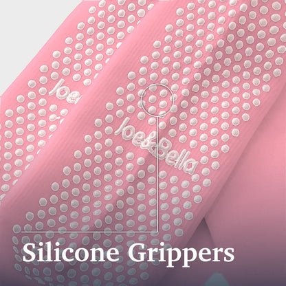 Pink fabric with rows of small white silicone grippers, shown diagonally with text reading 'Silicone Grippers' and a faint 'Joe&Bella' watermark. Joe & Bella Big-Grip No-Slip Compression Socks: 3-Pack #Pink