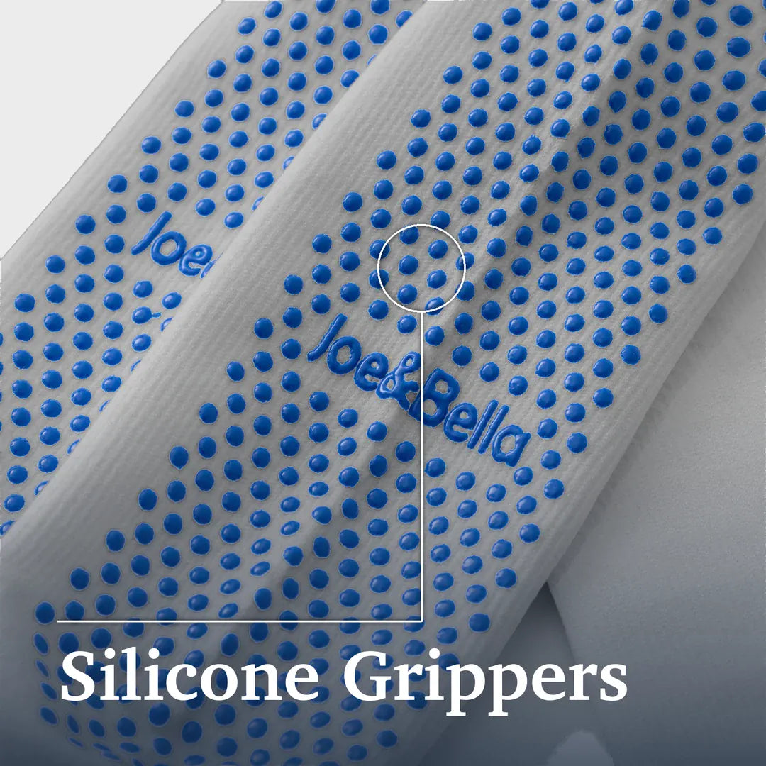 ["White textured strap with blue silicone grip dots and blue 'Joe & Bella' branding, shown close up with the text 'Silicone Grippers' overlaid at the bottom. Joe & Bella Big-Grip No-Slip Compression Socks: 3-Pack ", "Grey"]
