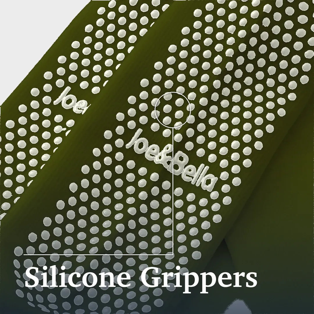 ["Close-up of a dark olive green textured surface covered with small circular white silicone grips, with the text 'Silicone Grippers' and a magnified inset showing the grip detail. The brand name 'Joe&Bella' is visible on the product. Joe & Bella Green / REG Big-Grip No-Slip Compression Socks: 3-Pack ", "Green"]