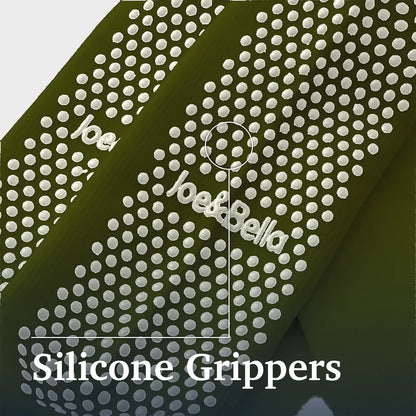 Close-up of a dark olive green textured surface covered with small circular white silicone grips, with the text 'Silicone Grippers' and a magnified inset showing the grip detail. The brand name 'Joe&Bella' is visible on the product. Joe & Bella Green / REG Big-Grip No-Slip Compression Socks: 3-Pack #Green