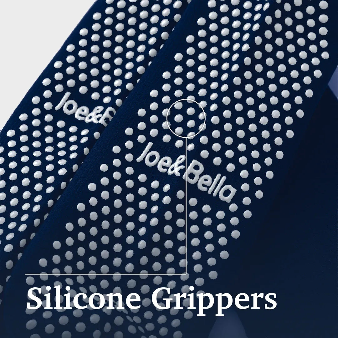 ["Close-up of a dark navy fabric strap or band covered with small white silicone grip dots, with the text 'Silicone Grippers' and a visible 'Joe&Bella' logo. Joe & Bella Big-Grip No-Slip Compression Socks: 3-Pack ", "Dark Navy"]