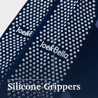 Close-up of a dark navy fabric strap or band covered with small white silicone grip dots, with the text 'Silicone Grippers' and a visible 'Joe&Bella' logo. Joe & Bella Big-Grip No-Slip Compression Socks: 3-Pack #Dark Navy