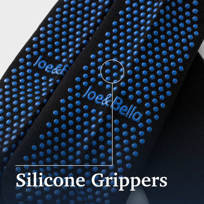 Close-up of a black strap or band covered with small blue silicone grip dots, with the brand name 'Joe&Bella' printed in blue and the text 'Silicone Grippers' overlaid at the bottom. Joe & Bella Big-Grip No-Slip Compression Socks: 3-Pack #Black