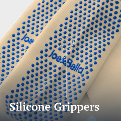 Close-up of beige silicone grips with blue raised nubs and blue 'Joe&Bella' branding, plus the text 'Silicone Grippers' overlaid at the bottom. Joe & Bella Big-Grip No-Slip Compression Socks: 3-Pack #Beige