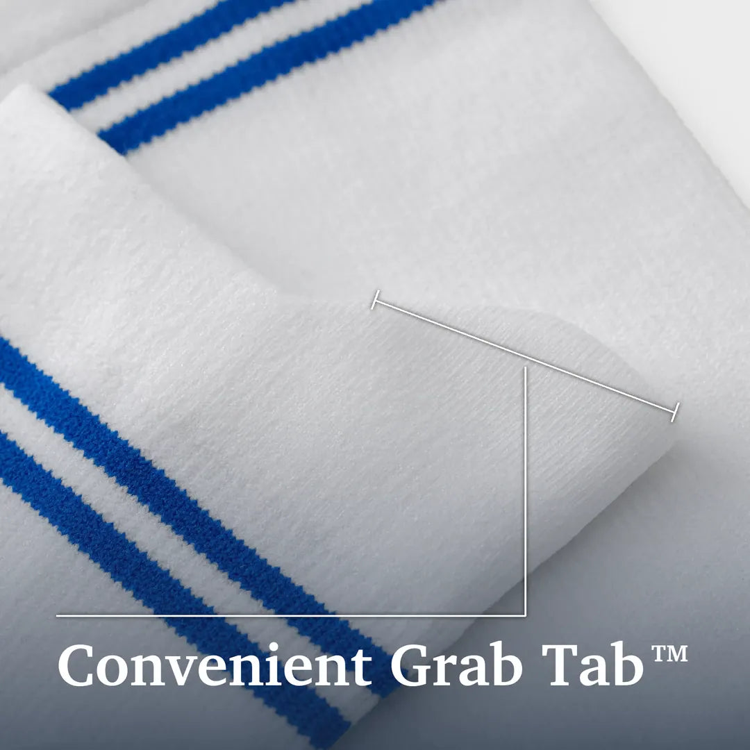 Close-up of a white fabric grab tab with two blue stripes, showing the product texture and a metal puller tab, with the text 'Convenient Grab Tab' at the bottom. Joe & Bella Big-Grip No-Slip Compression Socks: 3-Pack #White