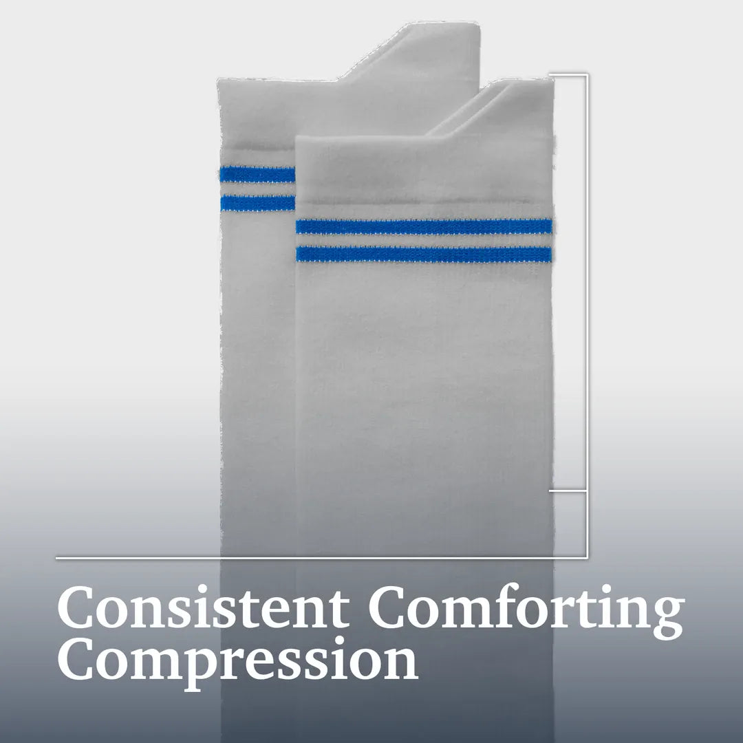 A pair of white compression socks with two blue stripes near the top, shown on a light gray gradient background with the text 'Consistent Comforting Compression' at the bottom. Joe & Bella Big-Grip No-Slip Compression Socks: 3-Pack #Grey