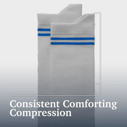 A pair of white compression socks with two blue stripes near the top, shown on a light gray gradient background with the text 'Consistent Comforting Compression' at the bottom. Joe & Bella Big-Grip No-Slip Compression Socks: 3-Pack #Grey