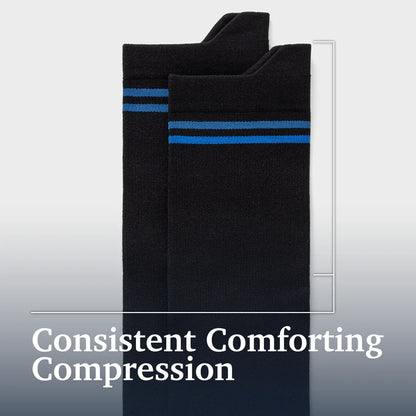 Two black compression socks with blue stripes near the top, shown on a light gray gradient background with the text 'Consistent Comforting Compression' at the bottom. Joe & Bella Big-Grip No-Slip Compression Socks: 3-Pack #Black