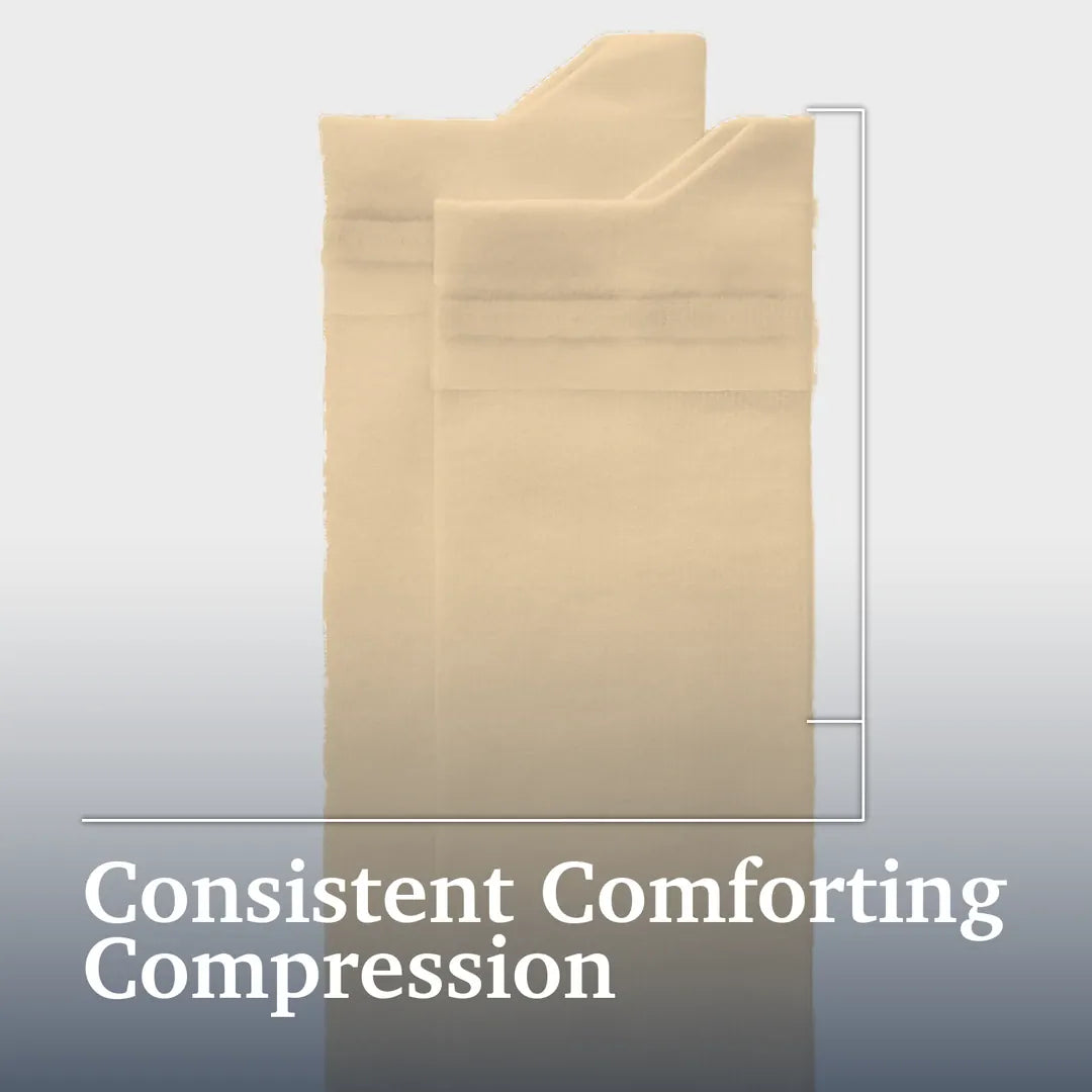 ["A pair of beige compression socks shown against a light gray gradient background with the text 'Consistent Comforting Compression' at the bottom. Joe & Bella Big-Grip No-Slip Compression Socks: 3-Pack ", "Beige"]