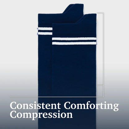 A pair of navy blue compression socks with white double stripes near the top, shown against a light gray gradient background with the text 'Consistent Comforting Compression' at the bottom.Joe & Bella Pink / REG Big-Grip No-Slip Compression Socks: 3-Pack #Dark Navy