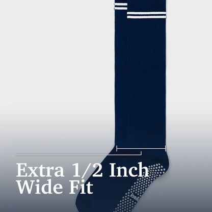 A single navy blue wide-fit sock shown against a light gray gradient background with white text reading 'Extra 1/2 Inch Wide Fit' and a measurement guide indicating the width. Joe & Bella Pink / REG Big-Grip No-Slip Compression Socks: 3-Pack #Dark Navy