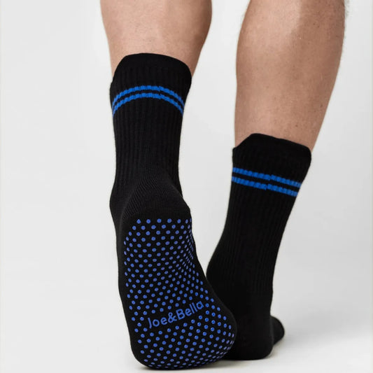 Black socks with blue patterns and 'Joe Bats' branding on a neutral background #Black