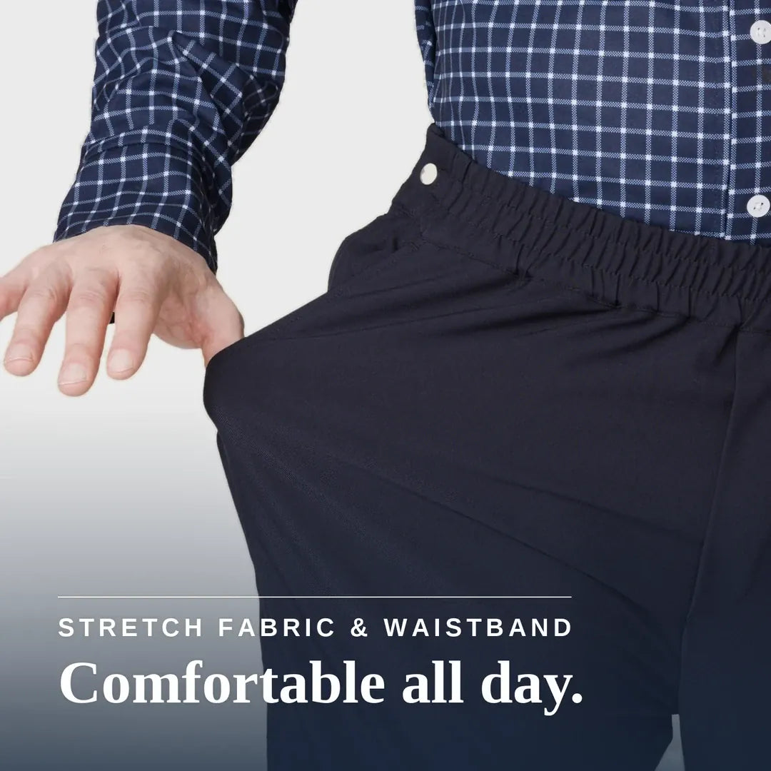 Close-up of a person wearing dark navy pants with an elastic waistband and a navy-and-white plaid shirt, with text reading 'STRETCH FABRIC & WAISTBAND Comfortable all day.'. Joe & Bella CareZips® Men's Adaptive Pants #Black