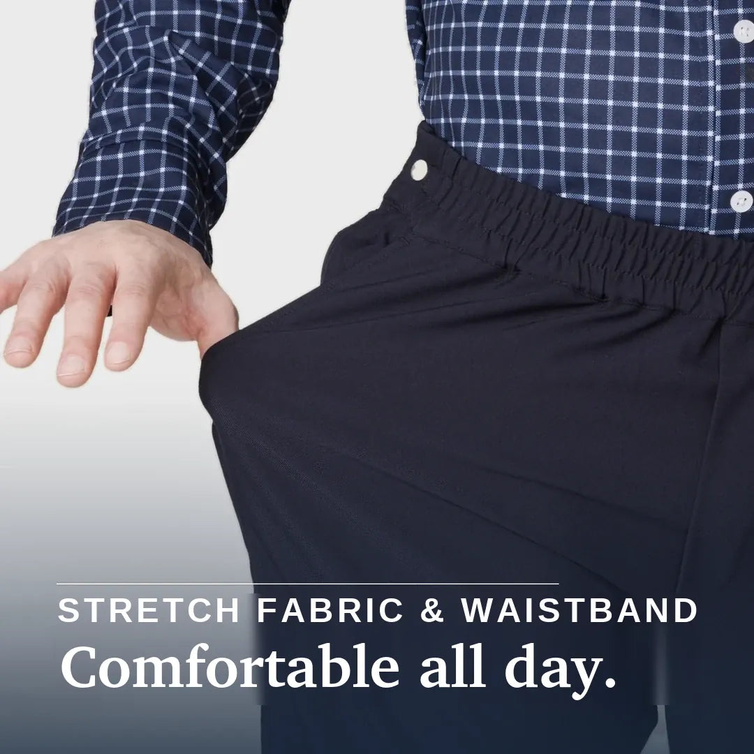 Close-up of a person wearing dark navy pants with an elastic waistband and a navy-and-white plaid shirt, with text reading 'STRETCH FABRIC & WAISTBAND Comfortable all day.'. Joe & Bella CareZips® Men's Adaptive Pants #Black