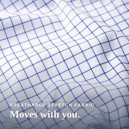 White fabric with a blue grid pattern, shown with text reading 'BREATHABLE STRETCH FABRIC Moves with you.' Joe & Bella Everyday Magnetic Button-Down for Men | Tailored-Fit #White Check