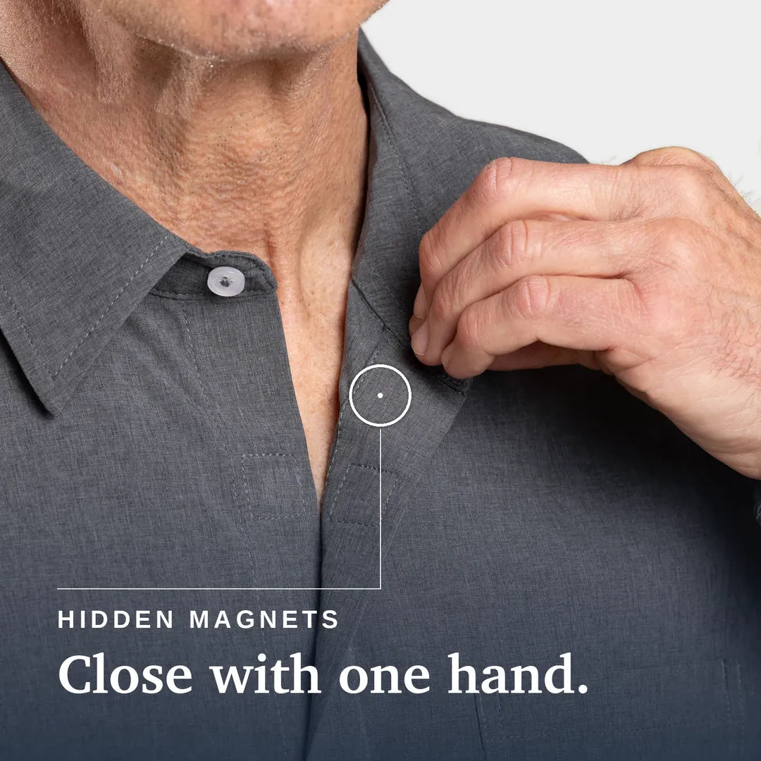 ["Joe & Bella Everyday Magnetic Button-Down for Men | Tailored-Fit ", "Heathered Grey"]