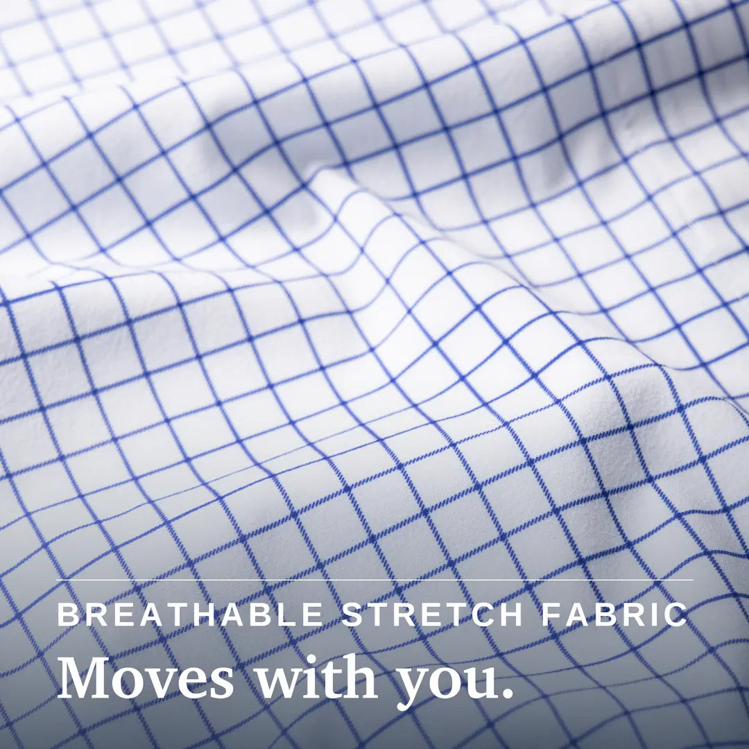 ["White fabric with a blue grid pattern, shown with text reading 'BREATHABLE STRETCH FABRIC Moves with you.' Joe & Bella Everyday Magnetic Button-Down for Men | Tailored-Fit ", "White Check"]