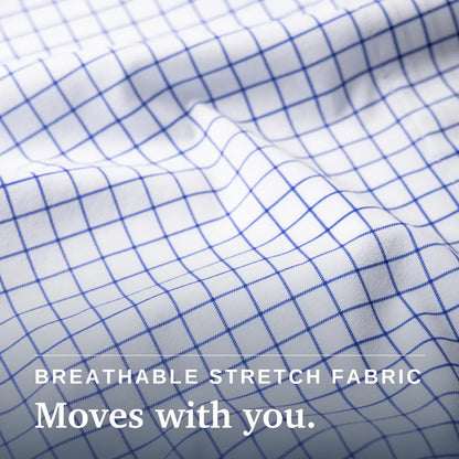 White fabric with a blue grid pattern, shown with text reading 'BREATHABLE STRETCH FABRIC Moves with you.' Joe & Bella Everyday Magnetic Button-Down for Men | Tailored-Fit #White Check