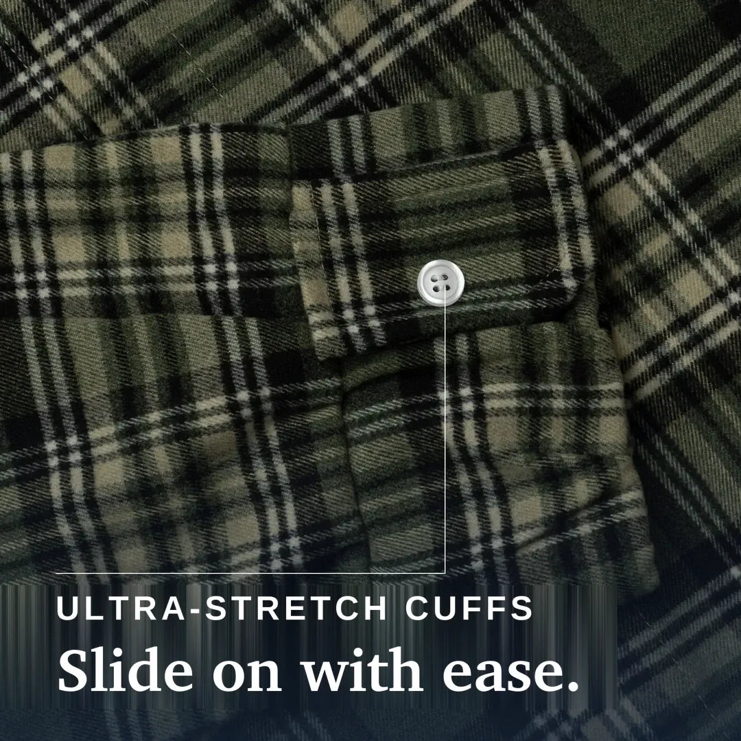 Close-up of a plaid shirt cuff in olive green, black, and beige tones, with a white button and overlaid text reading 'ULTRA-STRETCH CUFFS Slide on with ease.'. Joe & Bella Everyday Magnetic Flannel for Men #Green Plaid