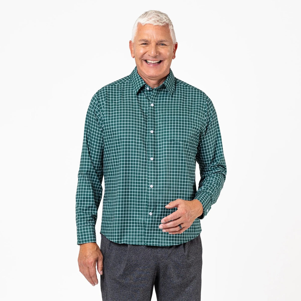 ["Joe & Bella Everyday Magnetic Button-Down for Men | Tailored-Fit ", "Green Check"]