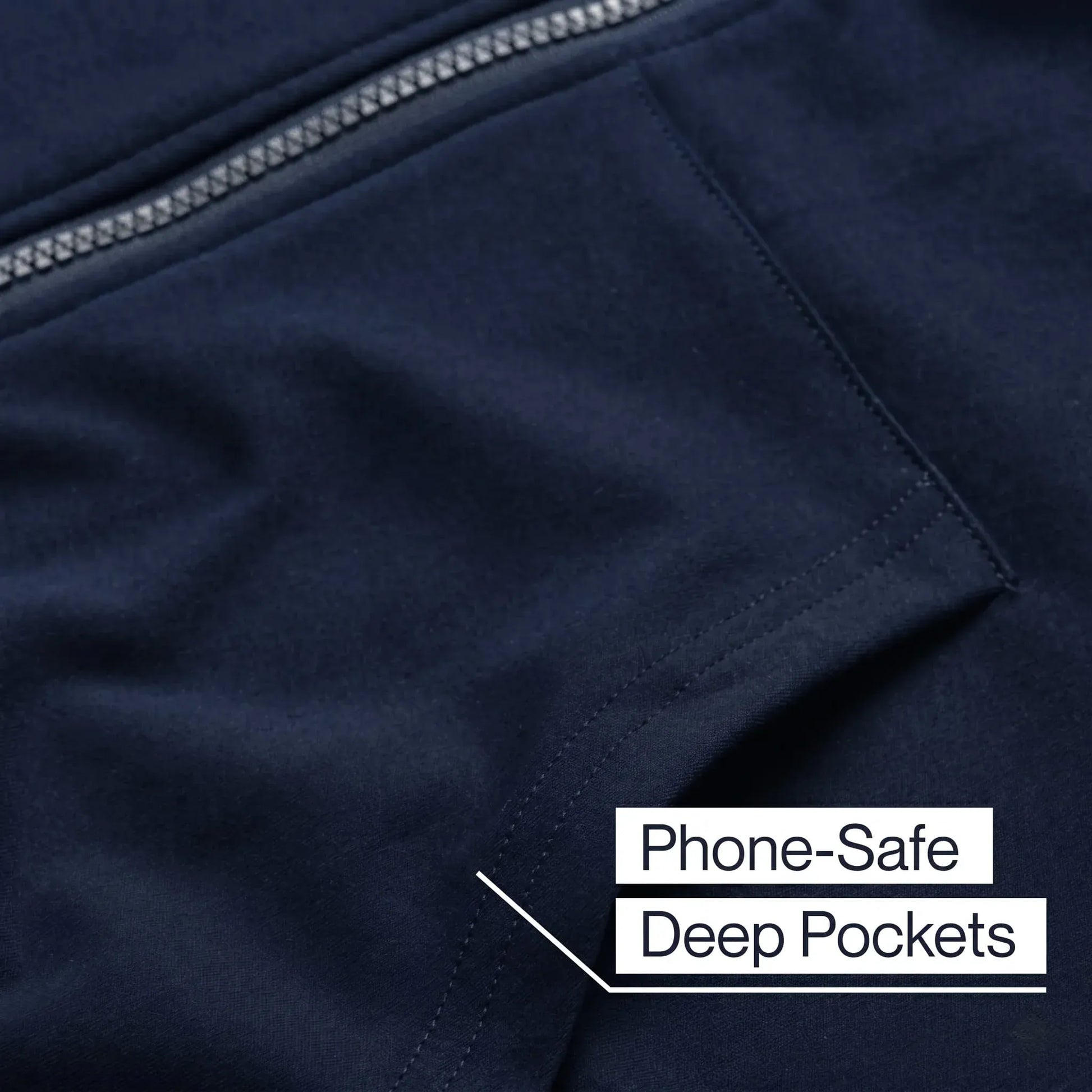 ["Navy blue fabric with a zipper and text 'Phone-Safe Deep Pockets' on a white background ", "Navy"]
