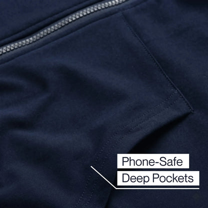 Navy blue fabric with a zipper and text 'Phone-Safe Deep Pockets' on a white background #Navy
