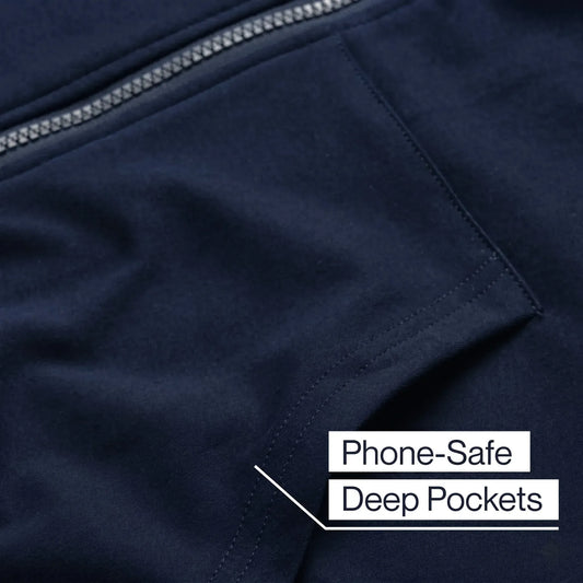 Navy blue fabric with a zipper and text 'Phone-Safe Deep Pockets' on a white background #Navy