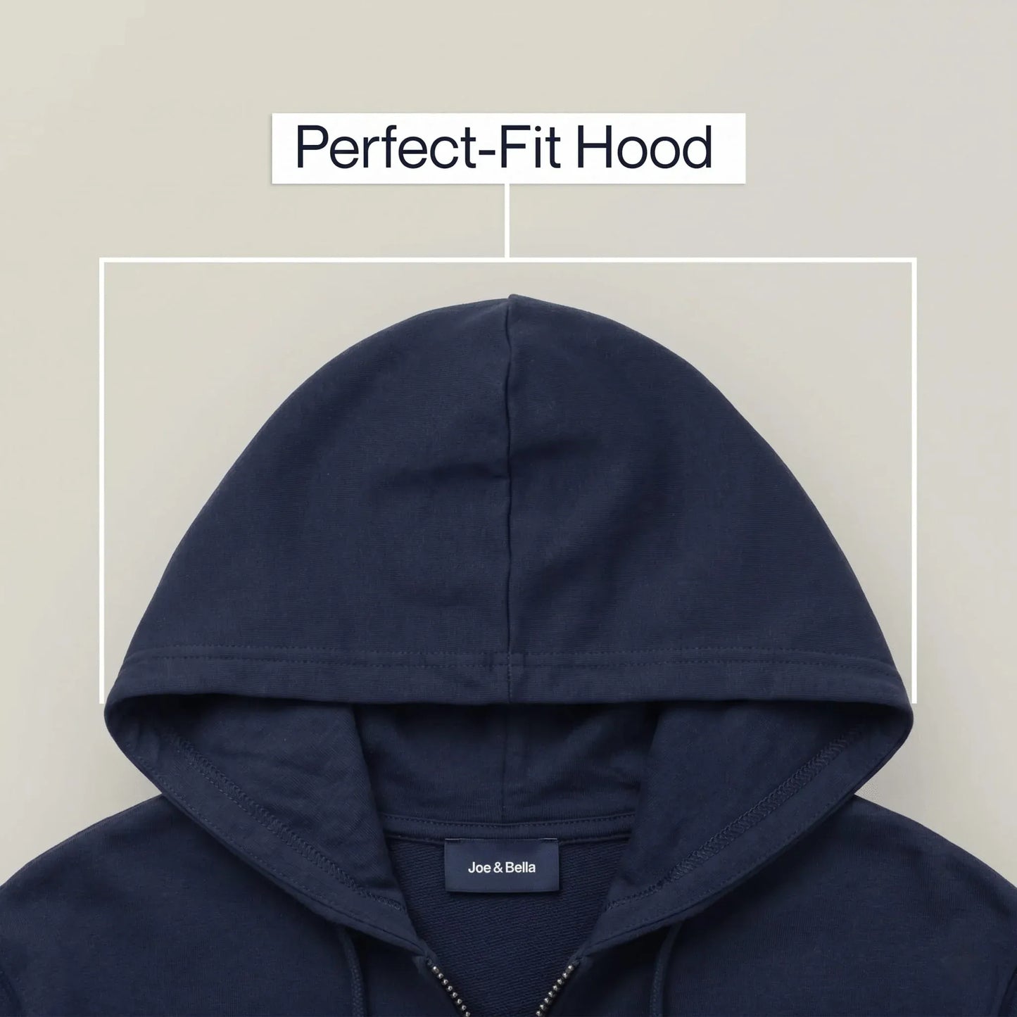 Navy blue hoodie with 'Joe & Bella' label on a beige background #Navy