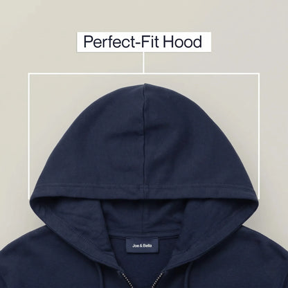 Navy blue hoodie with 'Joe & Bella' label on a beige background #Navy