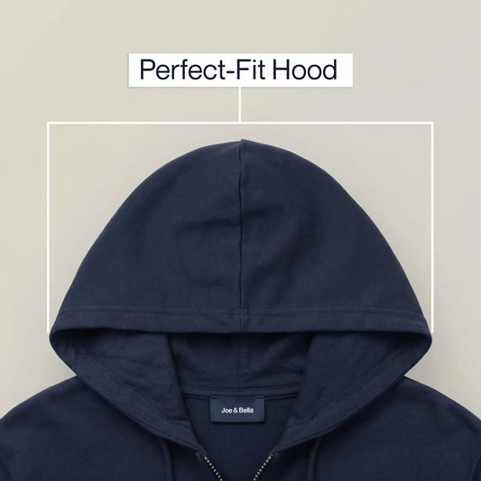Navy blue hoodie with 'Joe & Bella' label on a beige background #Navy