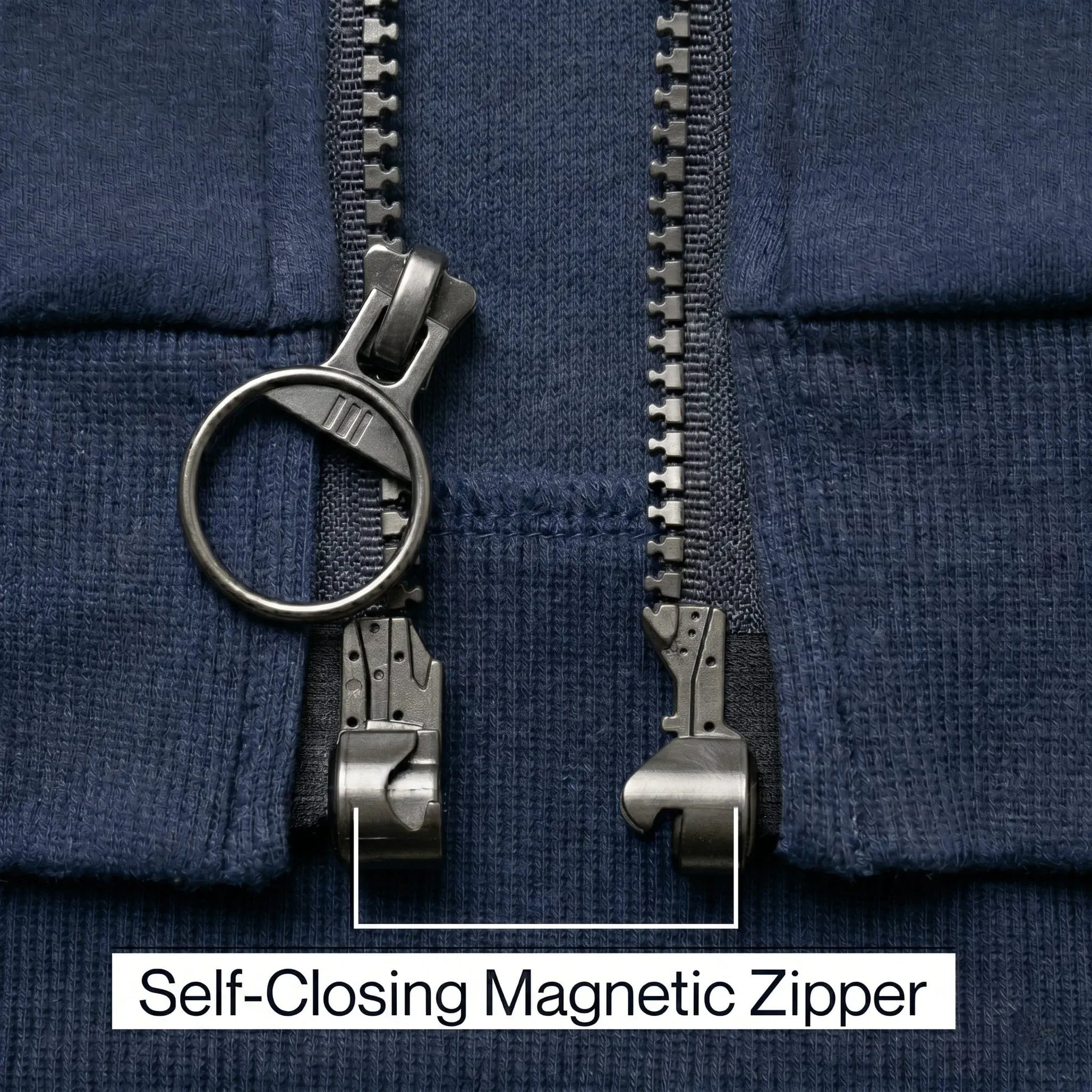 ["Close-up of a self-closing magnetic zipper on a navy blue fabric background. ", "Navy"]