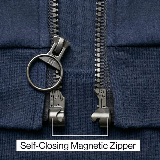 Close-up of a self-closing magnetic zipper on a navy blue fabric background. #Navy