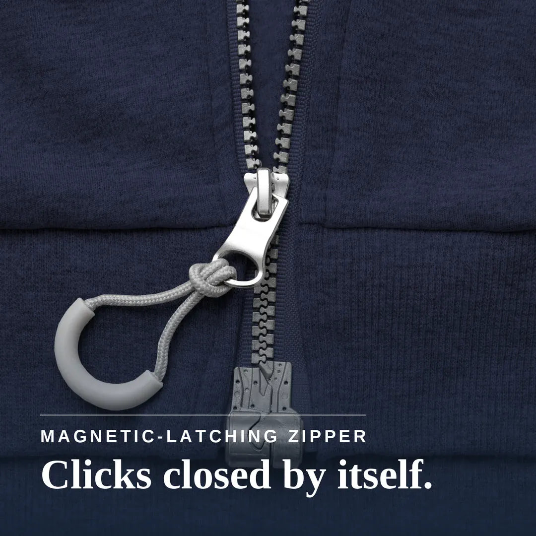 ["Navy blue hoodie with a zipper on a beige background ", "Navy"]