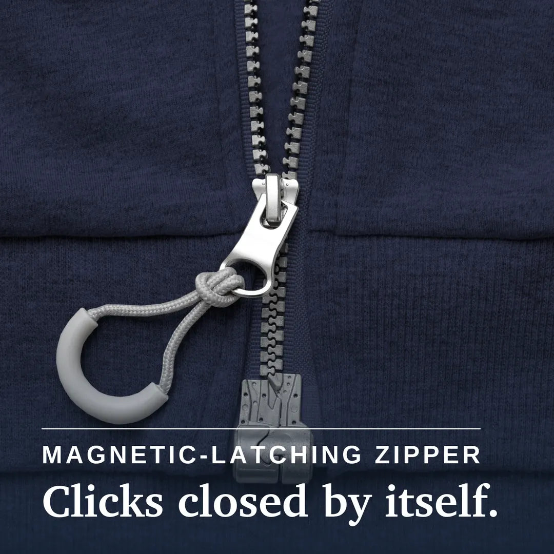 ["Navy blue hoodie with a zipper on a beige background ", "Navy"]