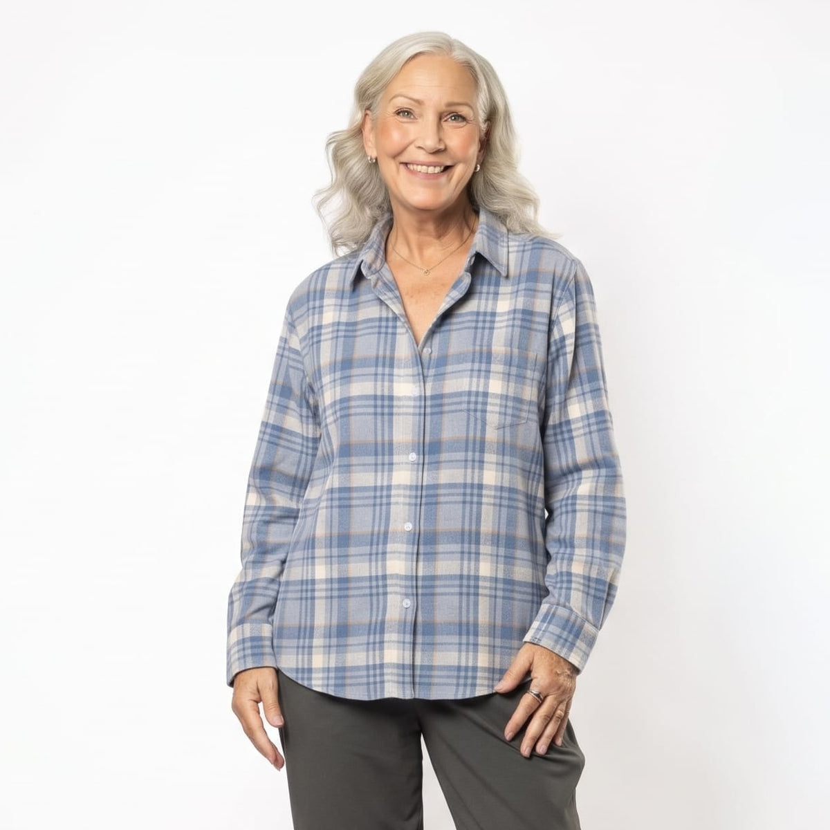 ["Joe & Bella Everyday Magnetic Flannel for Women ", "Light Blue Plaid"]
