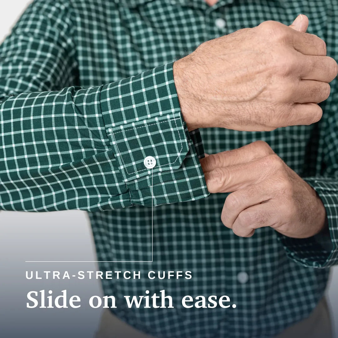 ["Close-up of a man's hands adjusting the cuff of a green and white checkered long-sleeve shirt, demonstrating the ultra-stretch cuff feature. White text at the bottom reads 'ULTRA-STRETCH CUFFS Slide on with ease. Joe & Bella Everyday Magnetic Button-Down for Men | Relaxed-Fit", "Green Check"]