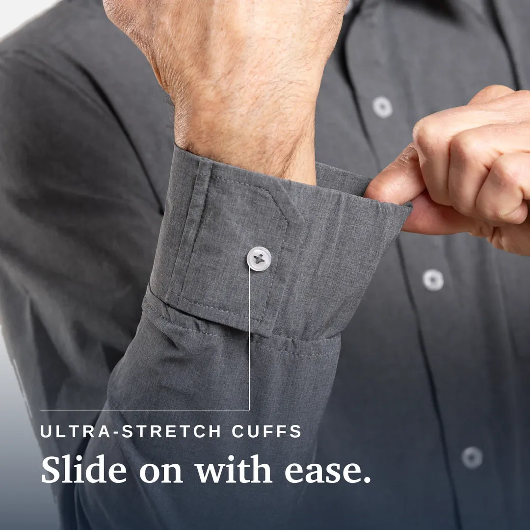 ["Close-up of a person's hands adjusting the cuff of a dark gray button-down shirt, with text reading 'ULTRA-STRETCH CUFFS Slide on with ease.'. Joe & Bella Everyday Magnetic Button-Down for Men | Relaxed-Fit ", "Heathered Grey"]